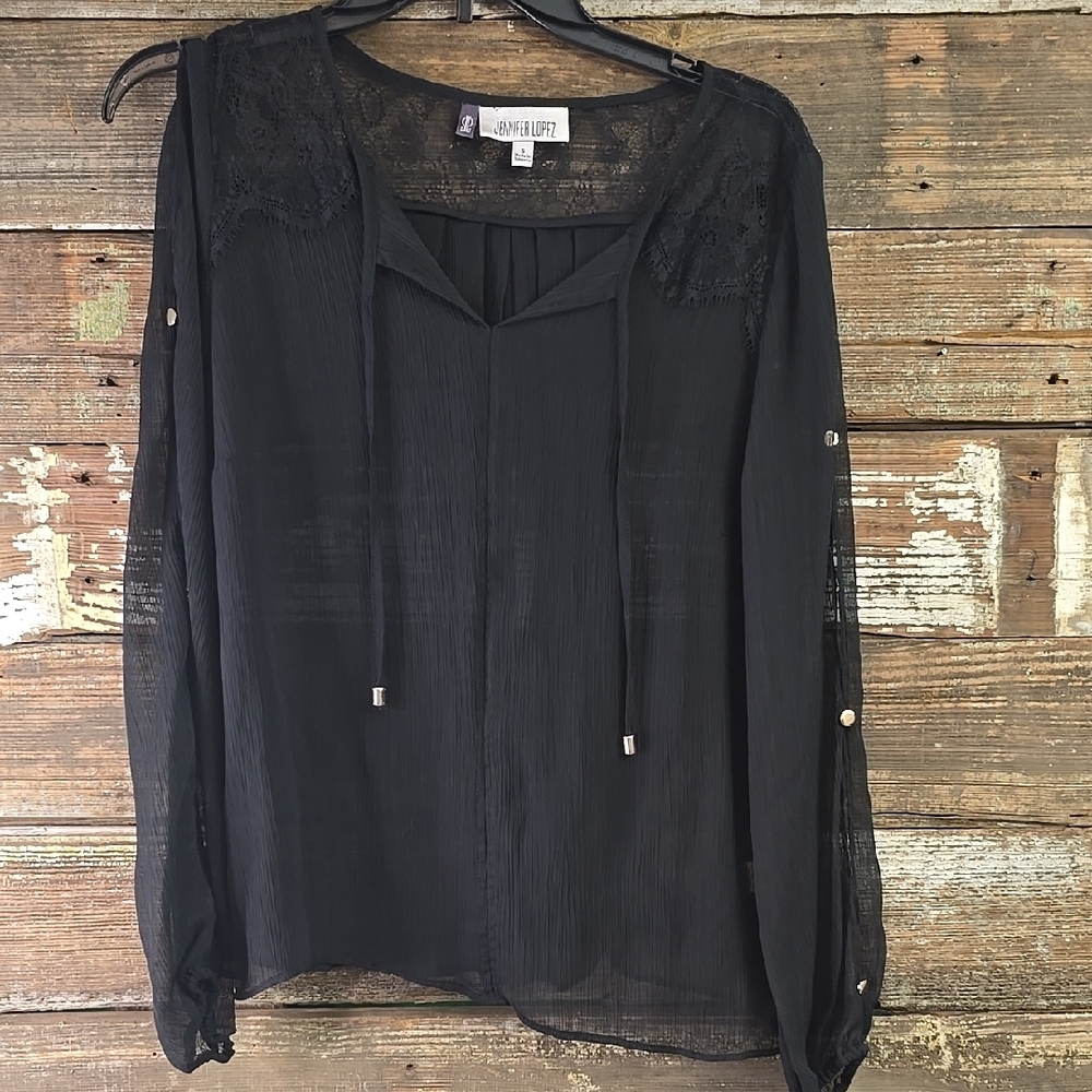 Jennifer Lopez Black Sheer Lace Detail Cold Shoulder Blouse, Size S